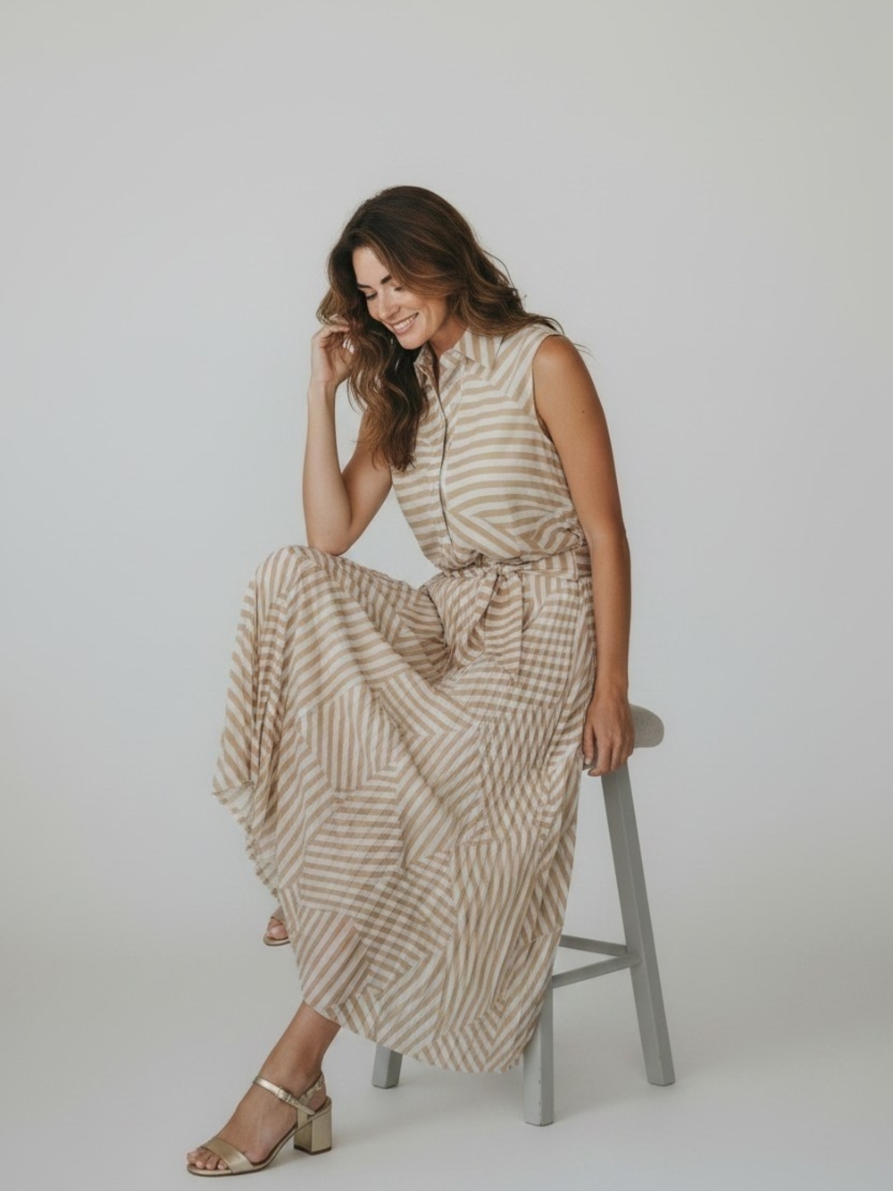 Sandra Darren Beige & White Striped Maxi Shirt Dress